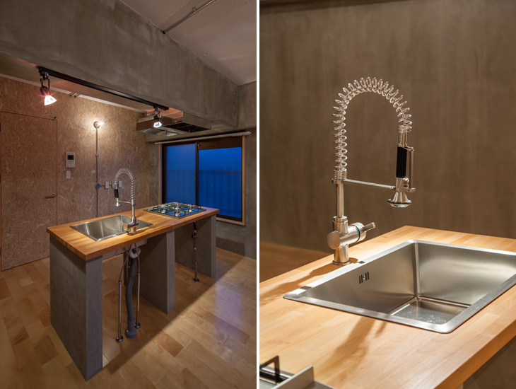 （写真左）照明に映えるオシャレなキッチン
（写真右）蛇口にもこだわり