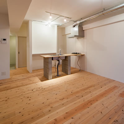 キッチン、玄関、寝室とひとつながりになった開放的なLDK