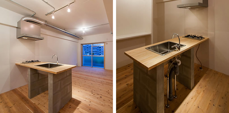 （写真左）視界を遮らないように、シンク下もあえてオープンな仕様にしました
（写真右）キッチンにも天然木をたっぷり使っています