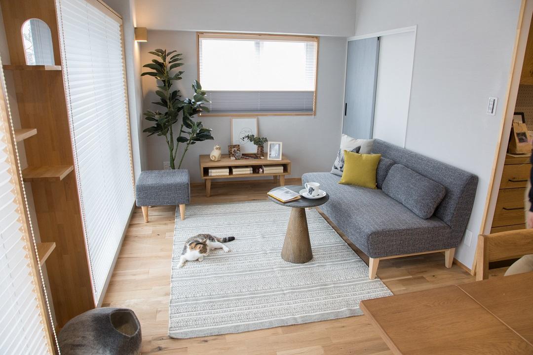 床は赤ちゃんが舐めても安心なオイル塗装された無垢材を使用しています。足に心地よい木のさらさらとした感覚で、人も猫も快適に過ごせます。
夏は暑がり、冬は寒がりな猫。温度変化に敏感な猫が快適な場所を選んで過ごせるように、洗面には違った足触り温度感のフロアタイルを使用しています。