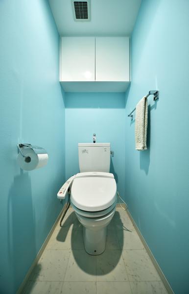 クールブルーの爽やかなトイレです。デザイナーとカラーを選び 塗装作業はK様自らのDIY作。壁色を変えただけで既存の収納や便器が新鮮に！