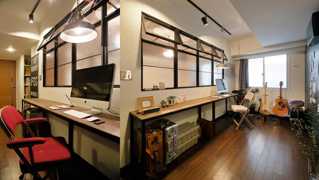 玄関と一体的なワークスペースです。洋室の間仕切りを無くしてフリースペースにしました。普段遣いやパーティなど、用途にあわせたフレキシブルな使い方が可能です。内窓・デスクにスチールを使用。自然木材との調和を大事に、鉄工所の担当者とこだわって造作しました。