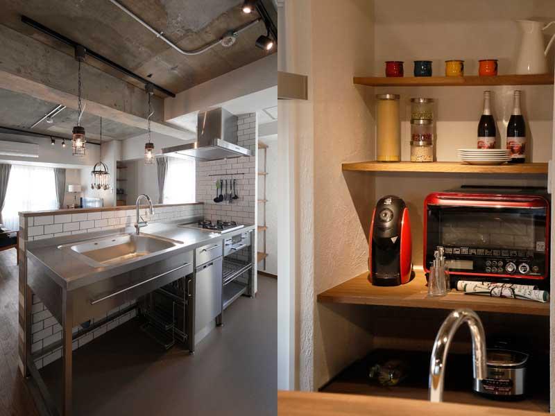 プロ仕様のステンレスキッチンです。熱・水・汚れへの耐久性が強く、風通しの良さが高ポイント。衛生的で、飽きのこないデザインです。カウンター内側は、爽やかな白ブリックタイル。物の場所がひと目でわかるオープン棚をキッチン背面に造作しました。