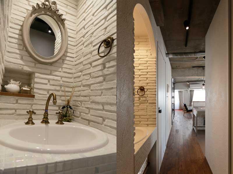 向きを90度回転し、廊下に面して配置替えをした洗面室です。「湿気がこもりにくいし、ちいさい子どもがいるとしょっちゅう手を洗うので便利」と奥様。「LDKとは少し異なるテイストを取りいれたかった」とのご意向で、優雅なデザインになりました。