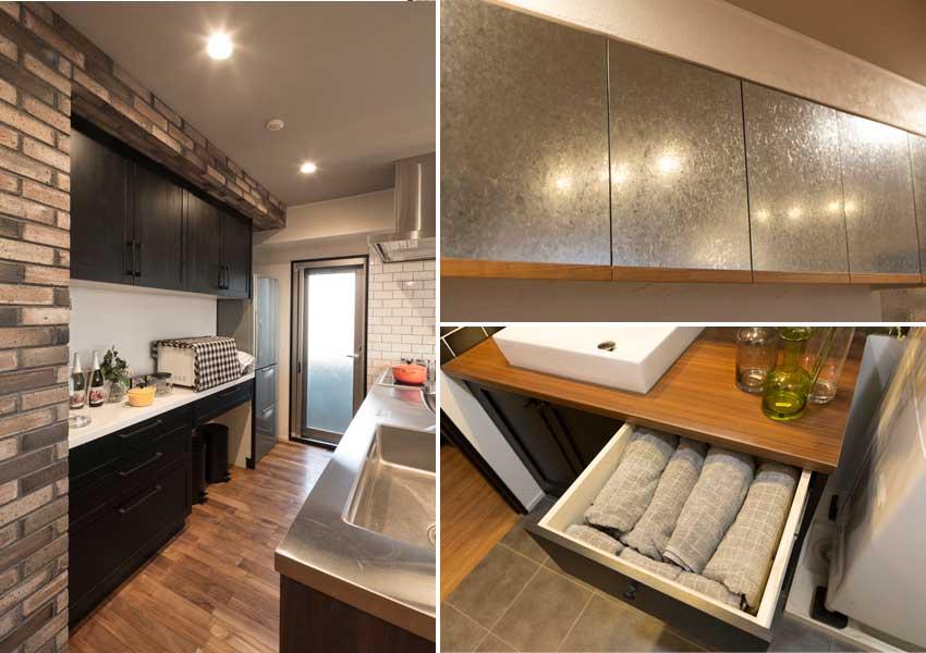 カフェ風の景観に上手に隠れた収納の数々です。デザインに合わせて色や素材を上手に選び、細かなツール類をきれいに納めました。使いやすい造作収納は容量もたっぷりです。