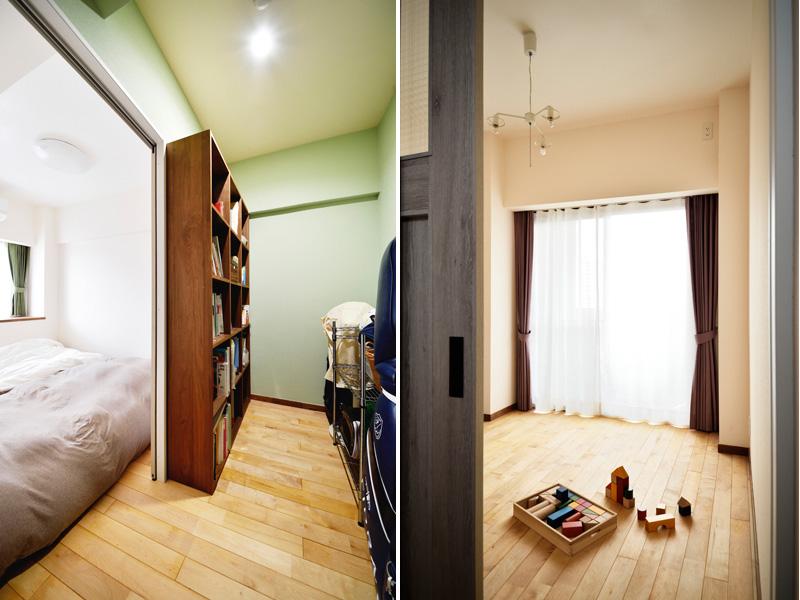 主寝室と子ども室です。床は無垢フローリング・壁は環境にやさしい壁紙と呼ばれるオレフィンクロスを採用。