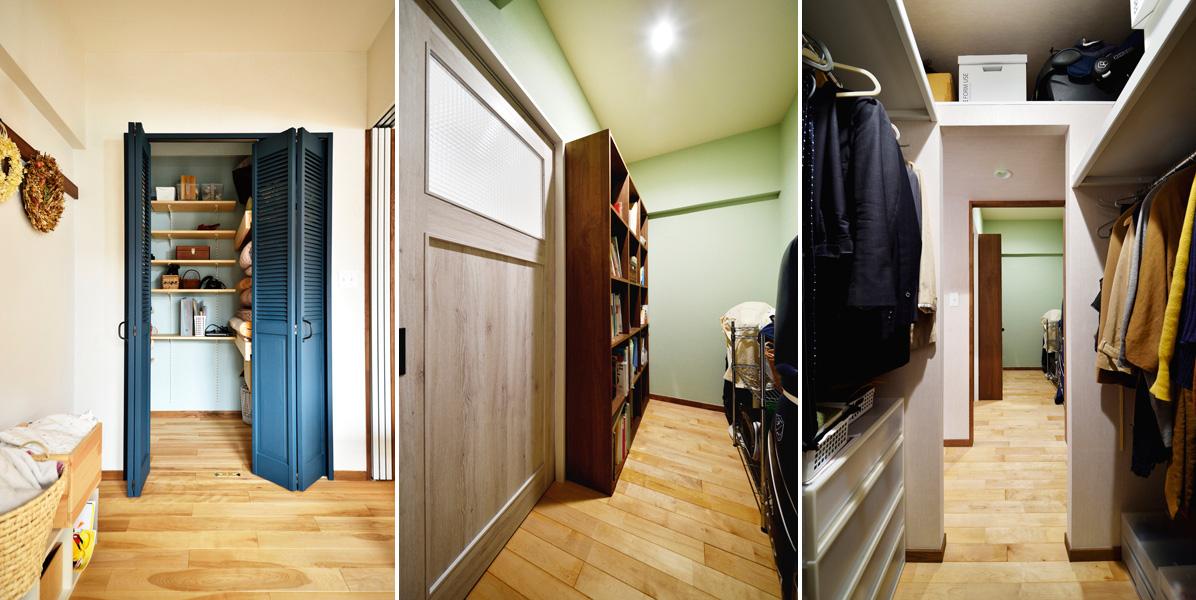室内収納の数々です。左)パントリー兼納戸スペース 中)通路兼納戸スペース 右)大型ファミリークロゼット