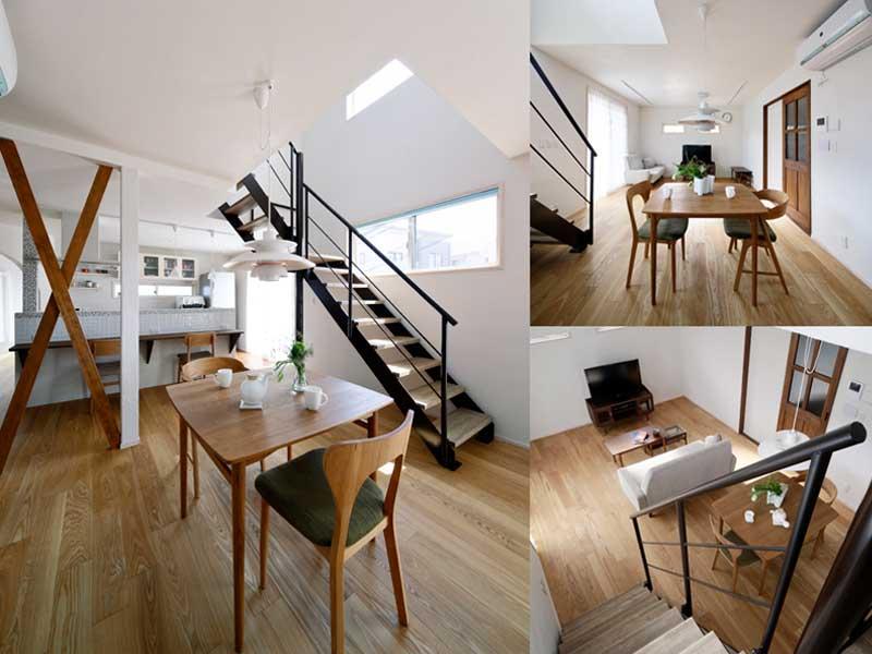 見通しの良い子育て向きLDです。邸内はこの部屋を必ず通る間取り設計で「吹抜けを通していつでも家族の気配を感じられます」とD様。カウンターは軽食や勉強デスクに便利です。