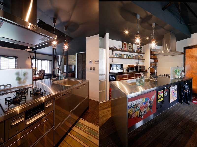 効率の良いステンレス製アイランドキッチンです。リビング対面で見通し良好。キッチン中心に回遊できる動線です。背面にオープン棚を造作しました。ペンダントライトはマリンライト風。