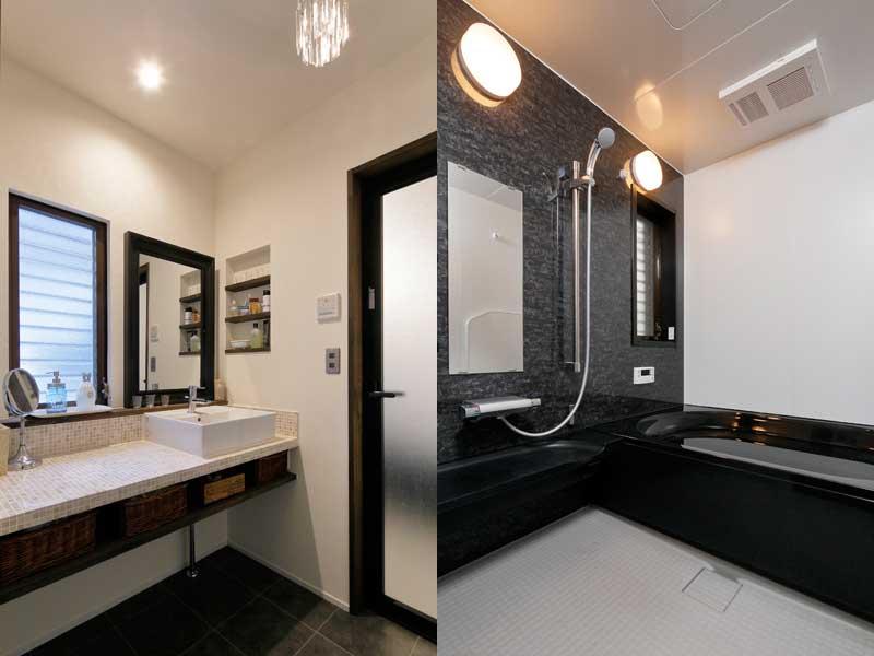 上品で清潔な洗面室・浴室です。左）モザイクタイルを使った洗面台はオリジナル造作。天板下に棚、壁にニッチを作りました。スイッチパネルも変更。右）浴室は格式あるマテリアルをご採用です。