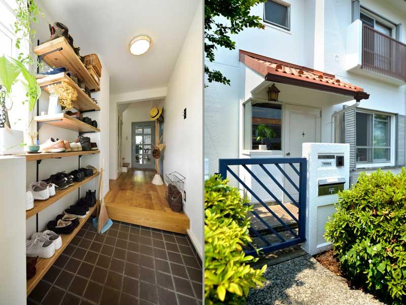 柱を上手に使って大きな靴収納を造作した玄関です。省スペース設計で室内はゆとりの広さに。玄関外は南仏の雰囲気。