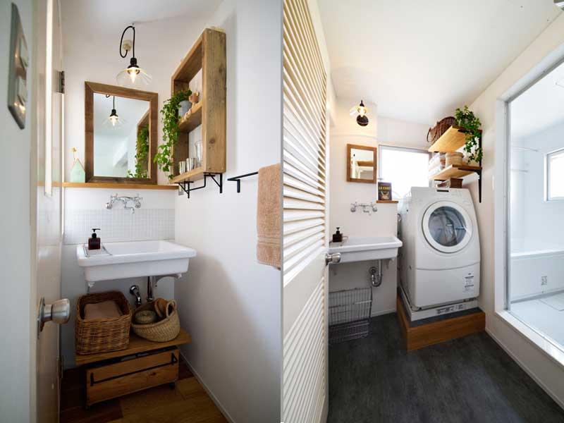 ナチュラルで清楚な装いの洗面2室です。白を基調にアイアンと木素材が素敵に調和しています。スクエアタイプの洗面ボウルが印象的。