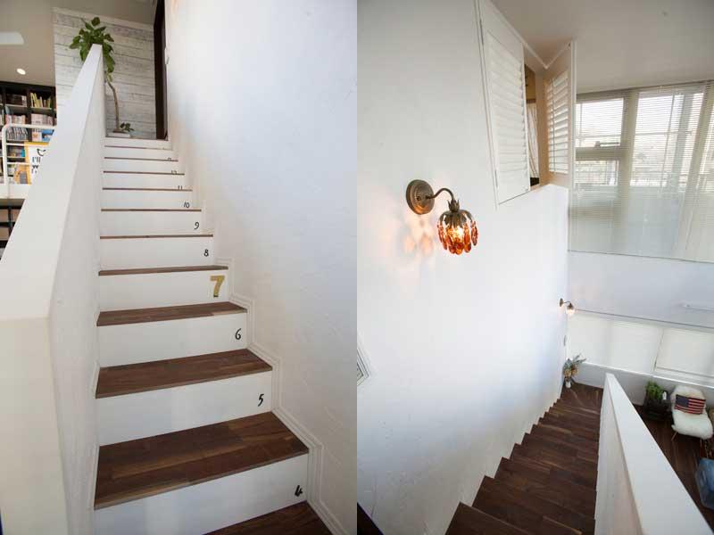 遊び心を満載したN様邸。階段のナンバープレートも必見です。 側面にはシャンデリアが２つ。階段下は既存の収納を活用しています