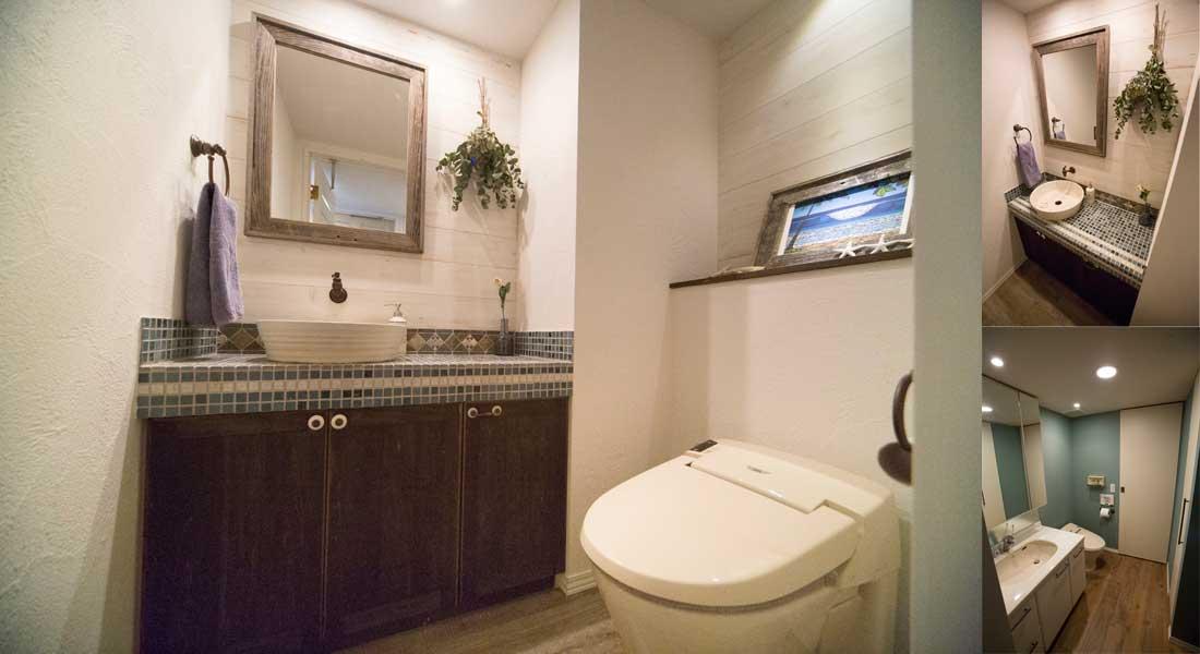 左手の洗面台はオーダーメイド。丸いボウルとモザイクタイルが印象的です。そのほか、カウンターパターンタイル・収納棚のつまみ・タオルハンガーなど、ご夫婦が海外で集めた品々がセンス良くまとまったサニタリーです。