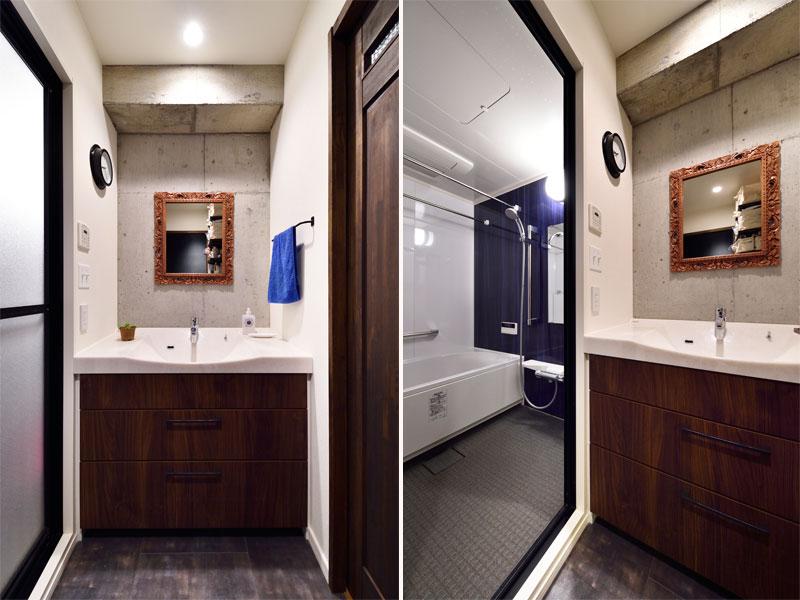 コンクリートの風合いを活かしたセンスある洗面室です。洗面台は木目調 床は「擦れた」絵柄で 世界観をまとめました。浴室の一面には気品ある深いブルーを配色しています。洗濯干し用のバーを設置して便利です。