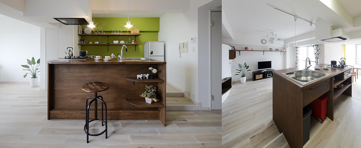 キッチンは無垢材を使い、カウンターのあるオープンキッチンを造作。キッチン後ろの壁はお嬢様の好きな色である鮮やかなグリーンを塗り、オシャレなカフェのイメージに。グリーンの壁には同じ無垢材で作ったオープンな収納棚で、こだわりの食器や雑貨を飾りながら収納できるようになっています。