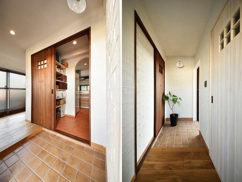 珪藻土をブリックタイル風に塗装したナチュラルな玄関です。タイルや造作扉も加わりナチュラルな景観に。パントリー・書斎・LD の3WAYに繋がる便利な動線プランで 玄関渋滞も解消!