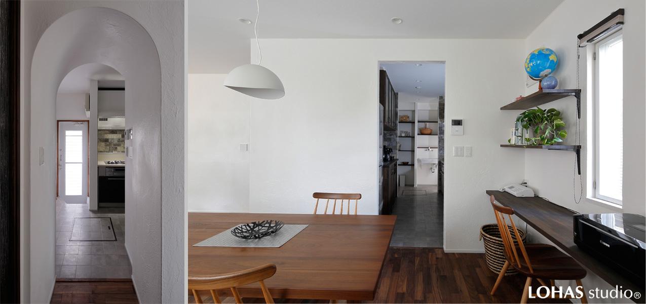 キッチンを廻る2WAYの動線(通路)です。窓や開口部を使って邸内のシンボル「縦長の矩形」を示しテーマ性を高めました。小路の奥に窓がある配置で外から見ても光が感じられるように工夫しています。