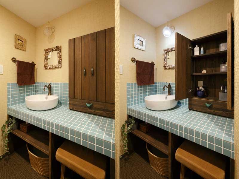 洗面ボウルがぽてっとかわいい洗面室です。 貝殻をまとった鏡やくらげのようにぷっくりした照明が、海を感じさせます。 蛇口やタオルハンガーは真鍮色。収納棚にはコンセント付きで機能性の高い室内です。