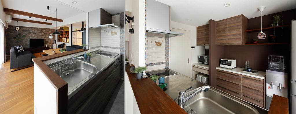 モザイクタイルを可愛らしくあしらった対面式のキッチンです。キッチン内から洗面室に直接入れる動線はそのまま活かしました。