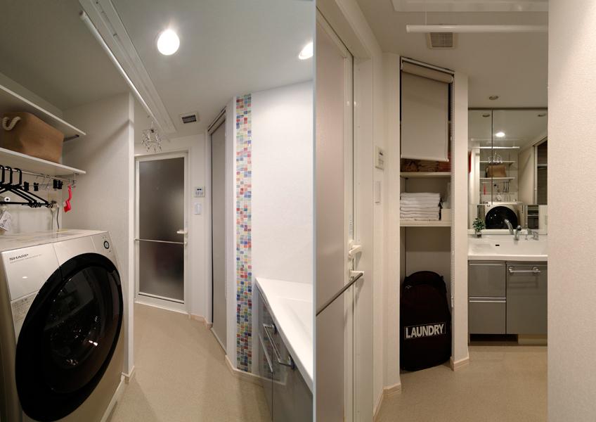 カギ状の変形通路が楽しい洗面室です。既存の洗面台とユニットバスをそのまま利用することに。収納の目隠しは空間スペースを最大限・有効活用できるようロールスクリーンを選びました。