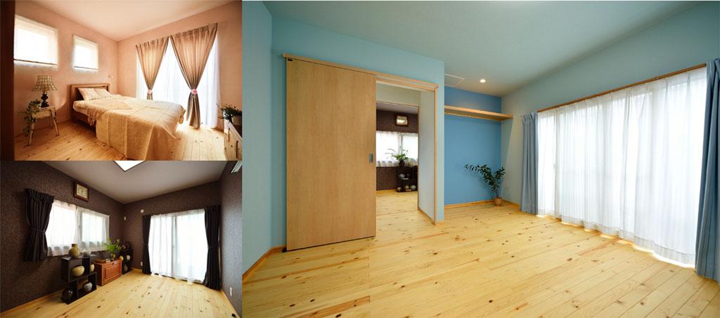 左上）女性らしいトーンのエレガンスな寝室です。左下）2階・洋室です。落ち着きのあるブラウン調にまとめました。右）2階・洋室です。明るい空色の壁面ですがすがしい室内です。収納はオープンスタイル。