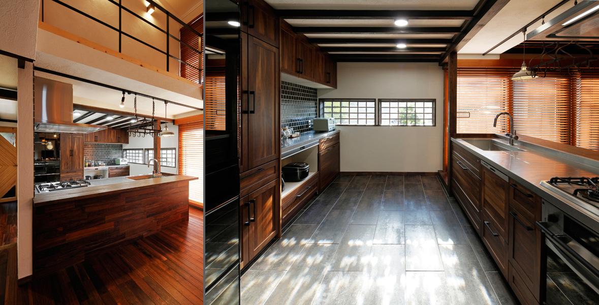 光もデザインのひとつになった格子窓のあるキッチンです。窓や現しの根太は既存のまま。足元には錆び感のある釉薬タイルを施工するなど引き継いだ素材と馴染むよう色を抑えめに調えてモダンな空気を創りました。