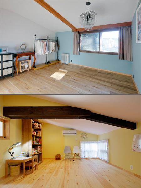 キレイな壁色の2階・洋室です。明るい床面は無垢パイン材 上)寝室。下)子ども室。太梁が印象的です。壁・床にはお嬢さまのご意見も。室内窓から吹き抜けに通じます。