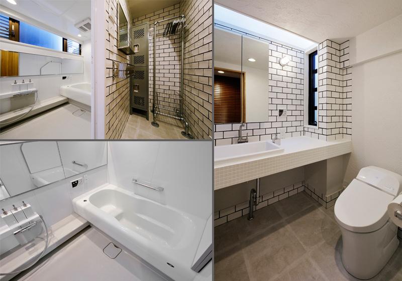 白基調の明るいサニタリーの様子です。タイルは素材選びにこだわりました。左）横長の鏡で広さを強調した浴室。個性的なハンガーや収納も。右）タンクレス便座で室内はスッキリ。