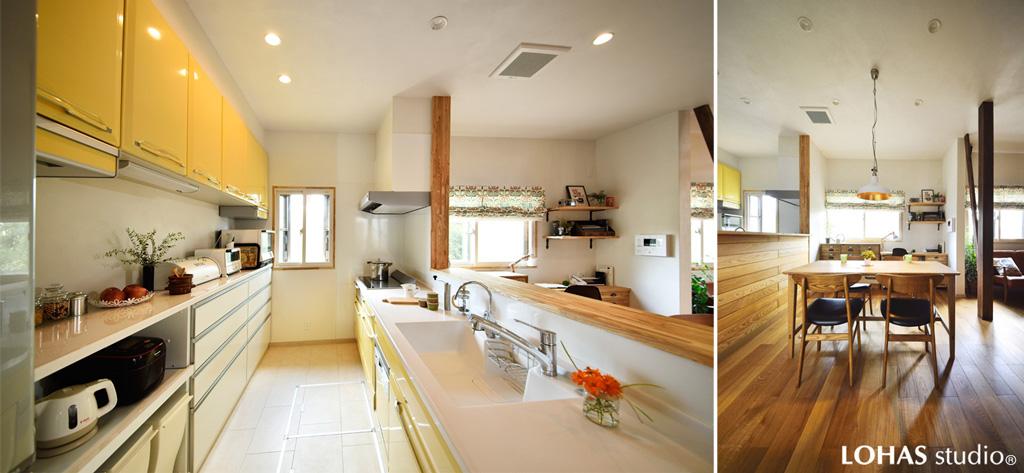 リビングと向き合う対面式のオープンキッチンです。まだ新しい設備は既存を利用。軽やかなイエローカラーの吊戸棚をリビングから見えるよう配置を変えました。既知感のあるカウンターの木調は 羽目板の一部を再利用したオリジナルのもの。