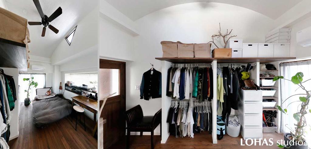 白いアーチ天井が優美な寝室です。珪藻土の刷毛あとに光が反射して優しい明るさに。造作したハンガーパイプの収納が無造作でお洒落です。インナーサッシやセルロースファイバーで断熱性を向上しました。