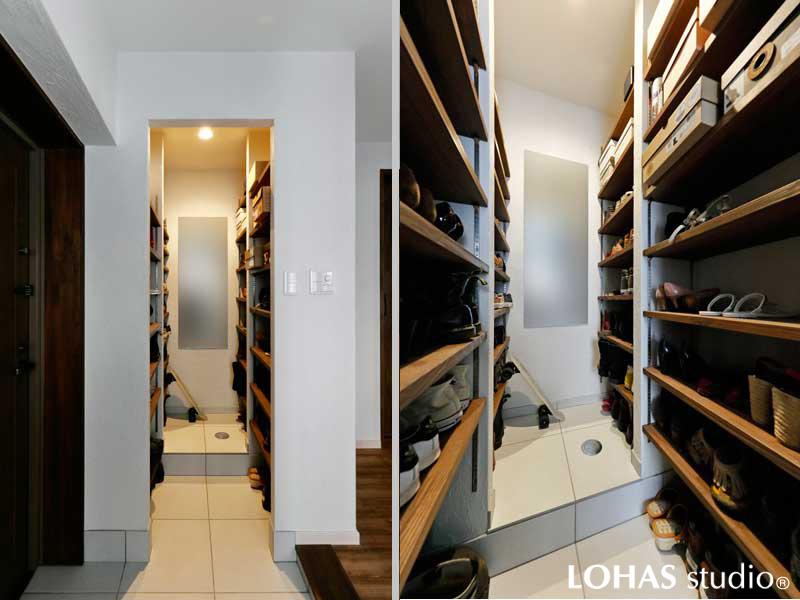 玄関土間から入るシューズインクロークです。かつてのトイレが間取り変更で便利な収納に変わりました。開口の先はバルコニーで湿気がこもる心配も不要。天井までたっぷり入るのでアウトドアグッズの置き場にも便利！