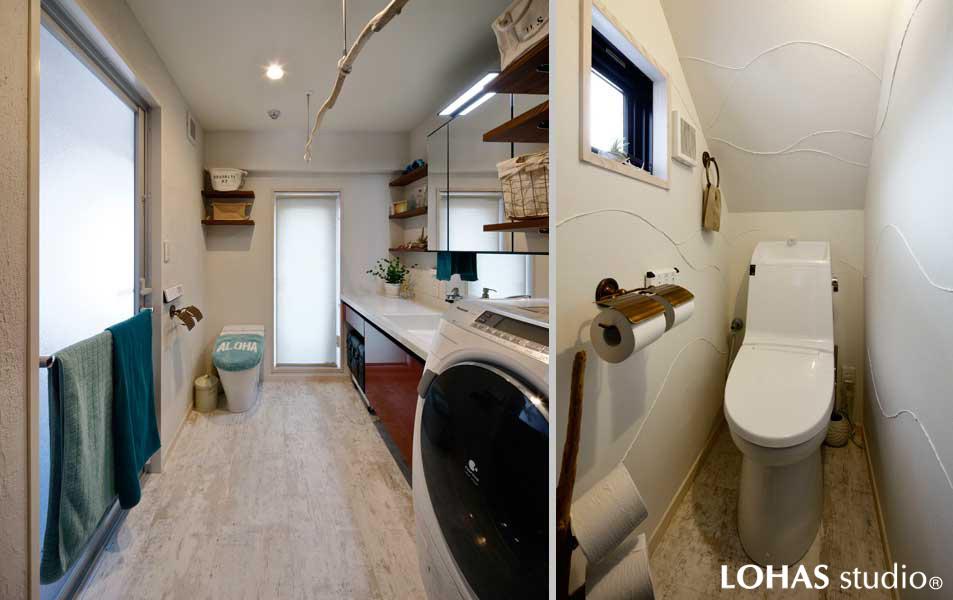 トイレ付のサニタリーコーナーと別の場所にあるトイレ個室です。以前は区切られていたユーティリティ・洗面・UBを大きくまとめてゆったりとしたスペースを造りました。個室トイレも室内・建具ともにデザインを刷新。