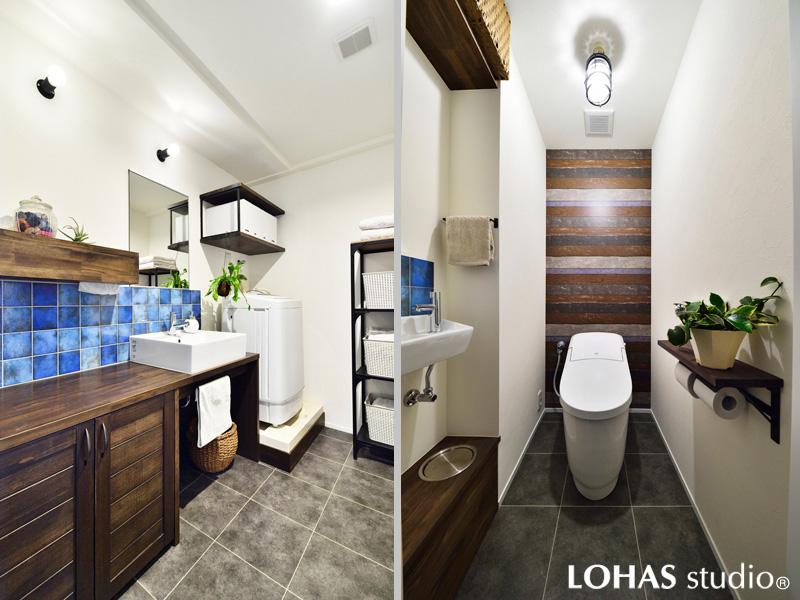 穏やかな色彩のサニタリーコーナーです。青く滲んだタイル装飾が印象的。棚や家具はLDKと揃えてヴィンテージな装いに調えました。洗面室の正面は中央通路をはさんでキッチン・パントリーへ向かえる真っすぐな動線です。