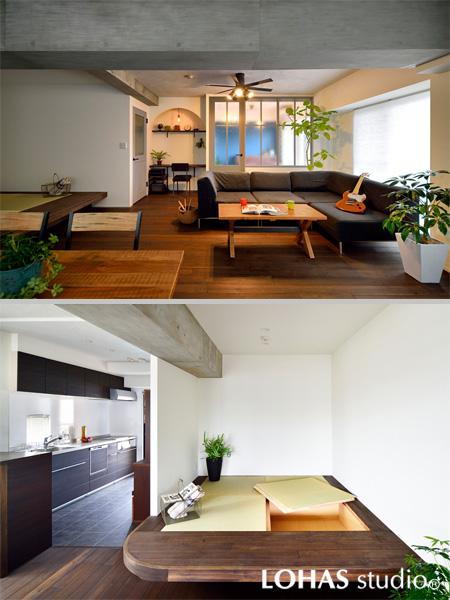 高層階の眺望を満喫できるエグゼクティブなリビングです。ダークなトーンに小上がりの黄緑、寝室のブルー、樹木のグリーンを足し込み軽やかなリズムをつけました。小上がりは布団2組が敷けるサイズでゲストルームにもOK！