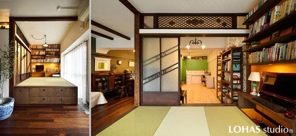 畳敷きの和風小上がりです。イ草よりカビに強く高性能な畳表をご採用。壁一面はオレンジ色でアクセントを付けました。モダンな建具はオリジナル品。床下に収納引出を造作。