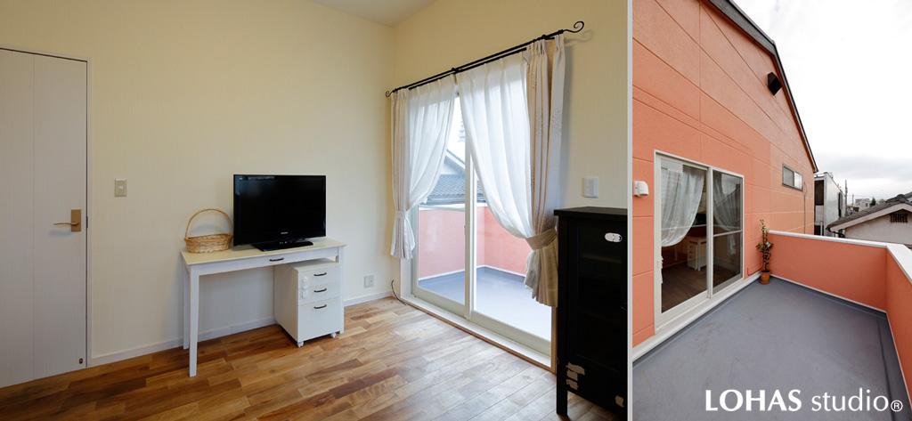 2階の洋室とリフォームで塗装した外壁・屋根部分です。全室で交換・塗装した窓枠はパイン集成材で造作したこだわりの枠。既存の部屋も新鮮な雰囲気に変わります。