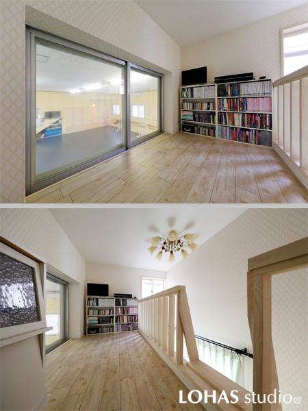 ダンスホールを眺める更衣室・ロフトスペースです。四方の窓から光が届き明るく感じます。本棚も置いて生徒の皆さんのリラックススペースに最適。会話も弾みそう。