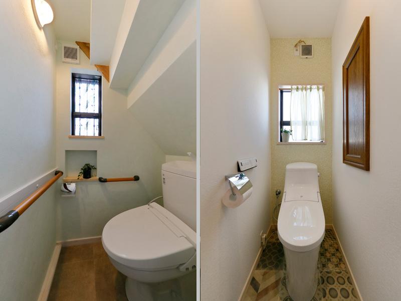 清潔感のある2つのトイレです。左）来客用に使う1階トイレです。手すりを付けてお客様が安心して使えるよう配慮。右）プライベートで使う2階トイレです。異国風タイルで遊び心も。