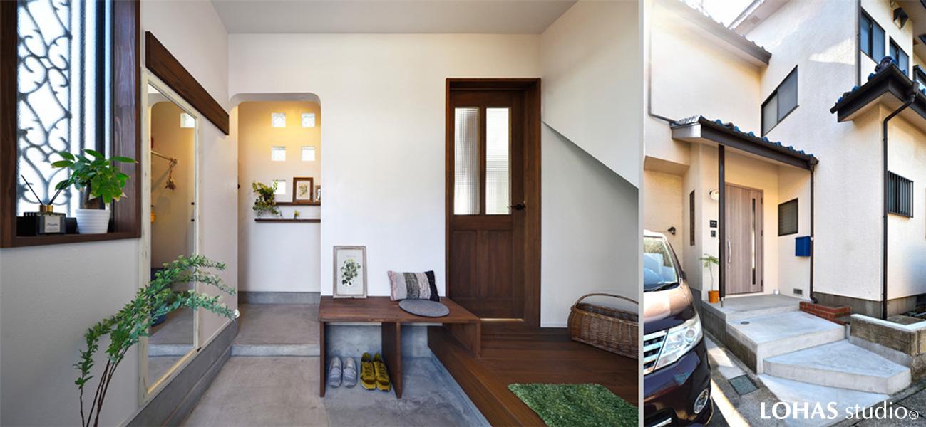 コンクリート土間が印象的な玄関です。漆喰・木素材も加わり温かさのあるラフな装いに。駐車場にあった壁は撤去し車の出し入れがしやすいアプローチを新しく造りました。