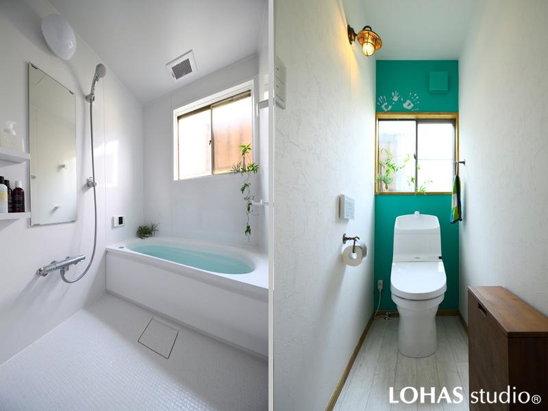 壁のブリックタイルや床のフラワー柄が可愛らしい洗面室です。自立タイプの洗面台で室内が広く感じます。矩形の間取りを逆手にとって収納空間を大きく確保しました。