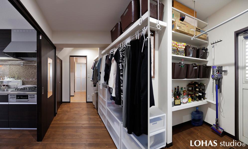 動線・サイズを工夫した邸内の収納スペースです。左)大容量のW.I.Cです。洗面室・浴室につながる便利な動線上に造作。右)一枚壁を挟み衣装コーナーとパントリーをしっかり区分けました。清掃用具もスッキリ収納！
