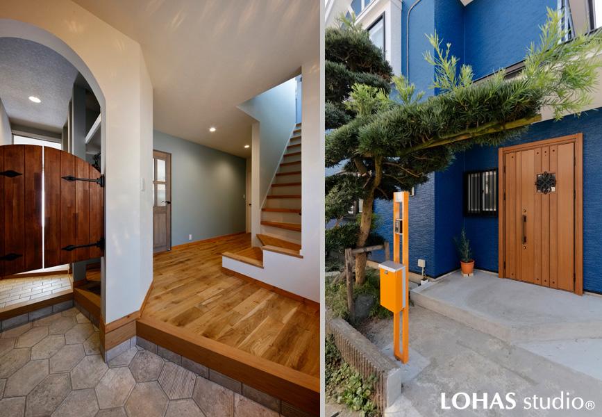 内・外それぞれの玄関の様子です。左）階段が見えるよう腰壁を下げた開放的な玄関ホール。左手にシュークローク。右）外装はネイビーに。扉やポストとも好相性です。