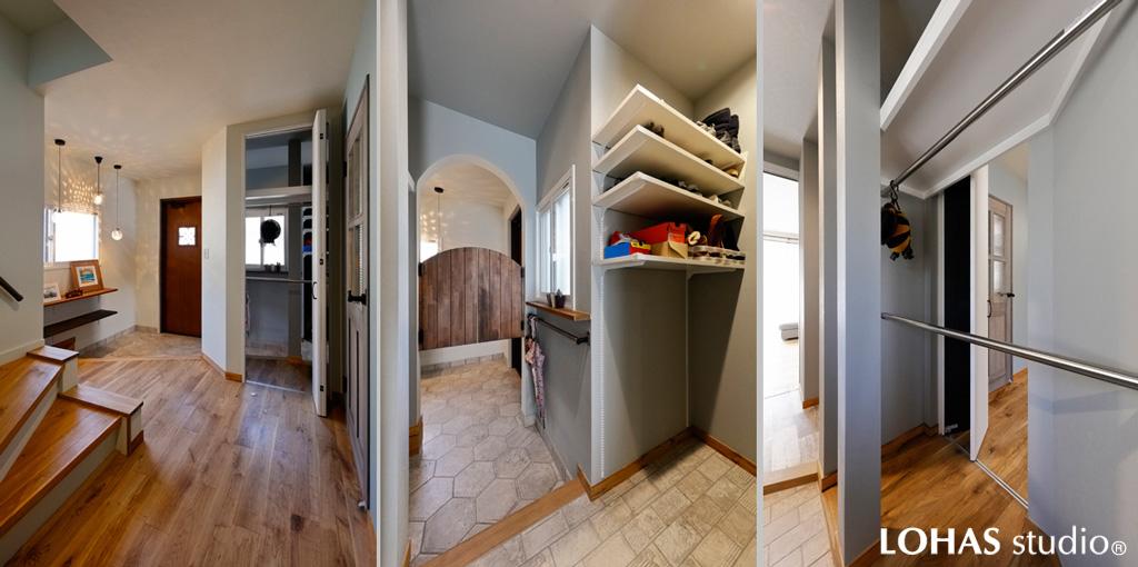 玄関に造作したシュークロークです。土間から玄関ホール/リビングの2方向へ通じています。小窓があるので日中は明るい隠れ家的な場所。忙しい家事を強力にサポート！