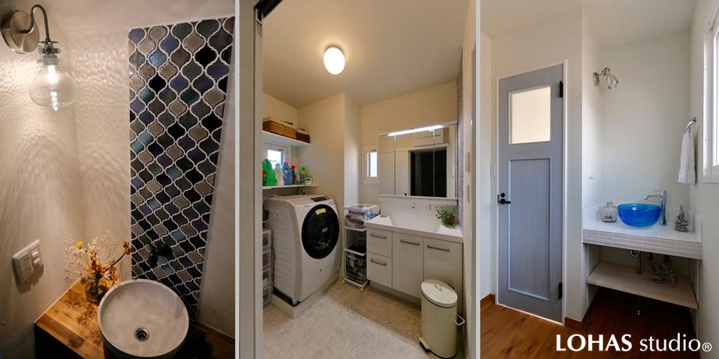 洗面スペースの数々です。左）1階廊下の手洗いは信楽焼の手鉢を採用。中）機能的な1階洗面室 右）琉球ガラスのボウルが印象的な2階廊下