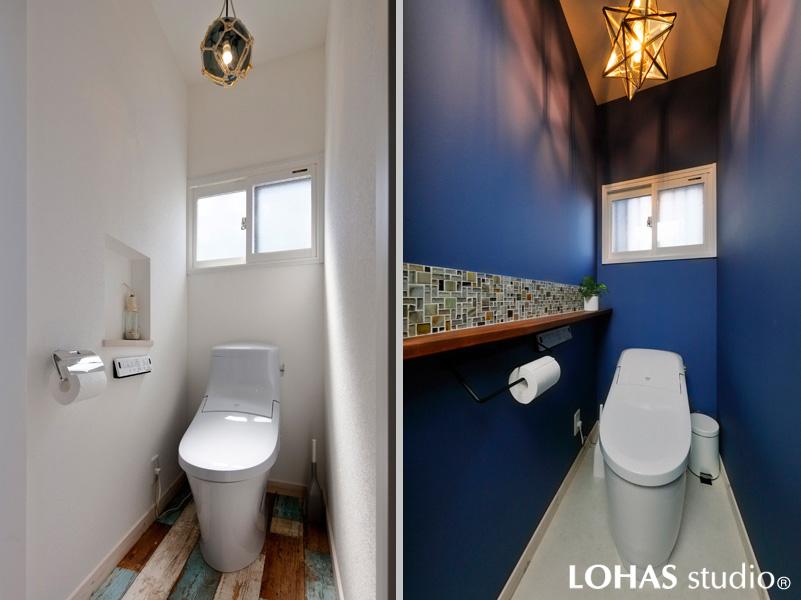 デザイン性豊かなトイレ2種です。左）乱張り風の床はメンテナンス性の良いクッションフロア。右）手作り感のあるタイルで上質感アップ。