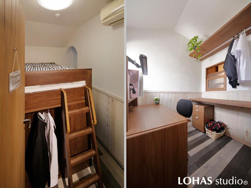 控えめのグレートーンを効かせた子ども室(男の子)です。質感のある珪藻土を天井と壁に塗装。無垢パイン材で造作した採風ランマ入りの建具で空気の流れを調整できます。アーチの開口から勉強室兼W.I.Cにつながります。