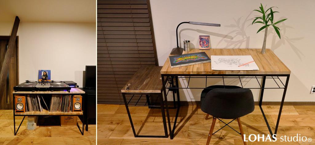 アイアンと木材でスッキリと造ったN様自作の家具です。用途に合わせて調度良いサイズに設計。「好きなものに囲まれて生活すること」が大事というN様。内装と良く馴染んでいます。