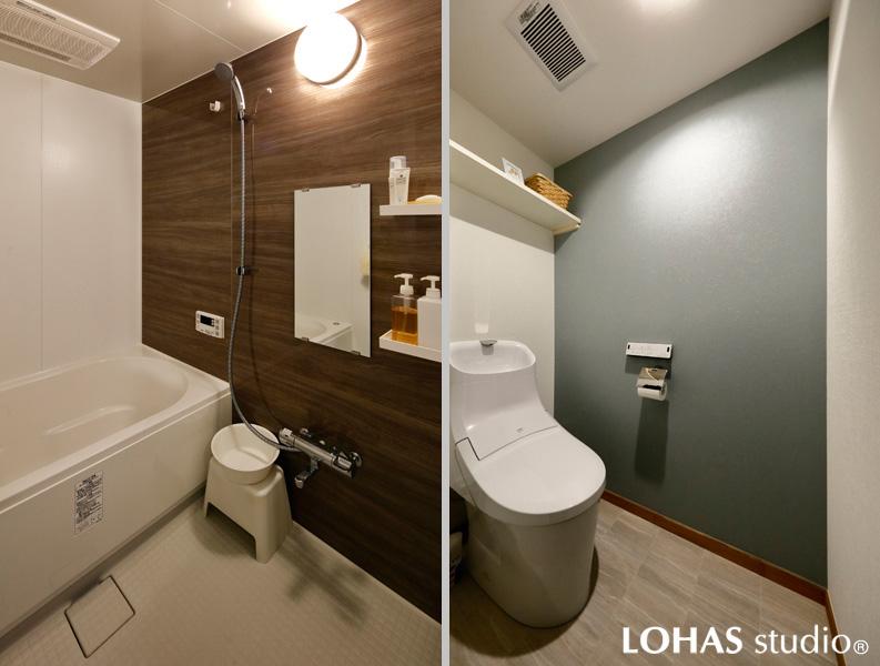 左)身体を包み込むような入浴感が特徴の風雅な浴室です。右)濁りのあるスモーキーカラーがスタイリッシュなトイレです。石材調の床はメンテナンス性の高いクッションフロアです。