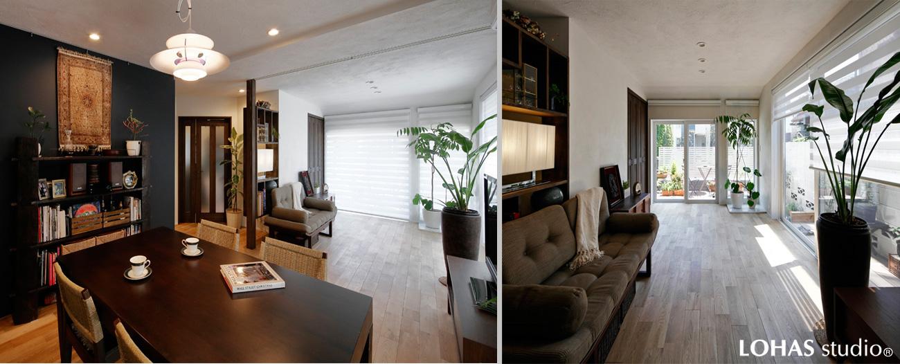 貴賓あるアジアン家具と見事に調和したLDです。アクセントの効いた濃茶の壁裏には奥様の書斎を造作。リビングとの境界はロールスクリーンで室内を分けゲストルームに使えます。